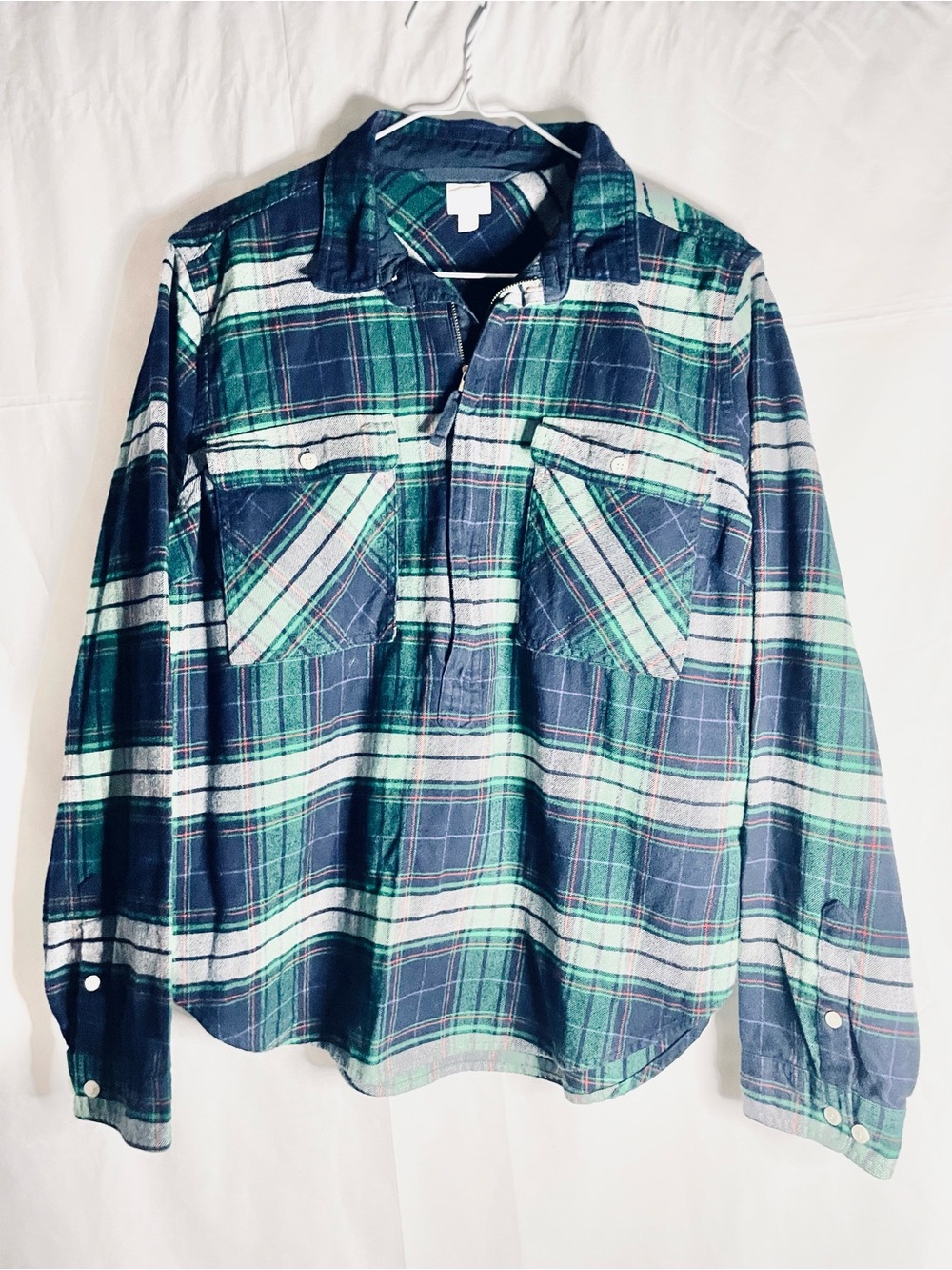 J Crew Blue and Green Plaid Half Zip Flannel Collared Pullover